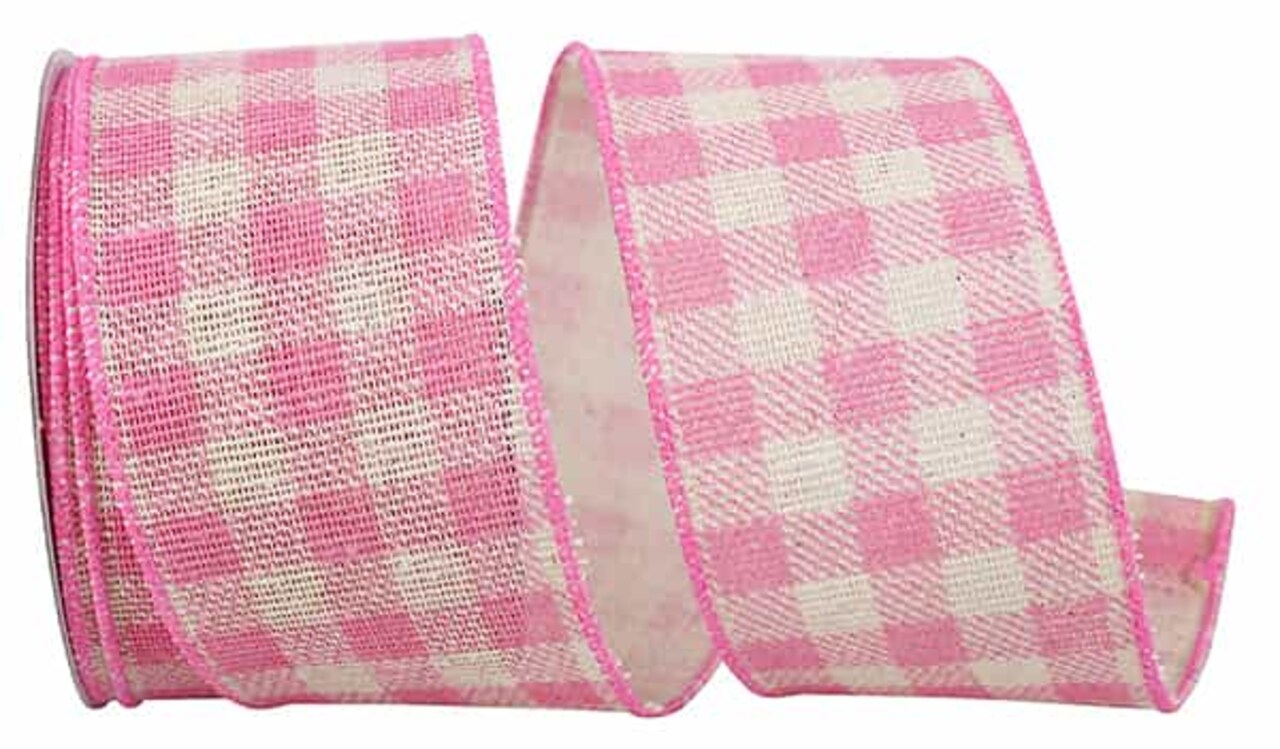 Gingham Hopsack Twill Wired Edge Ribbon --- 2.5 in x 10 yards --- Pink Color